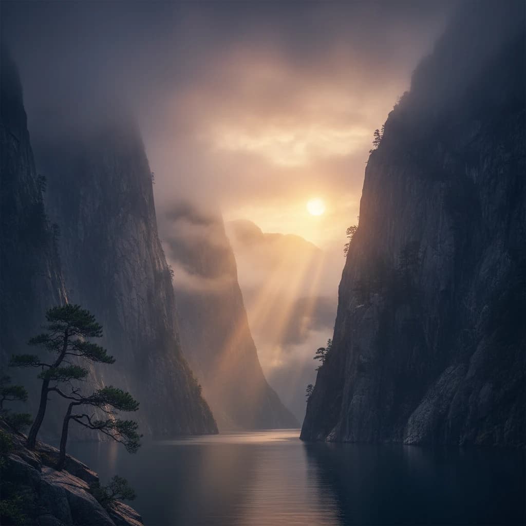 Frame a foggy fjord at sunrise, cliffs looming.