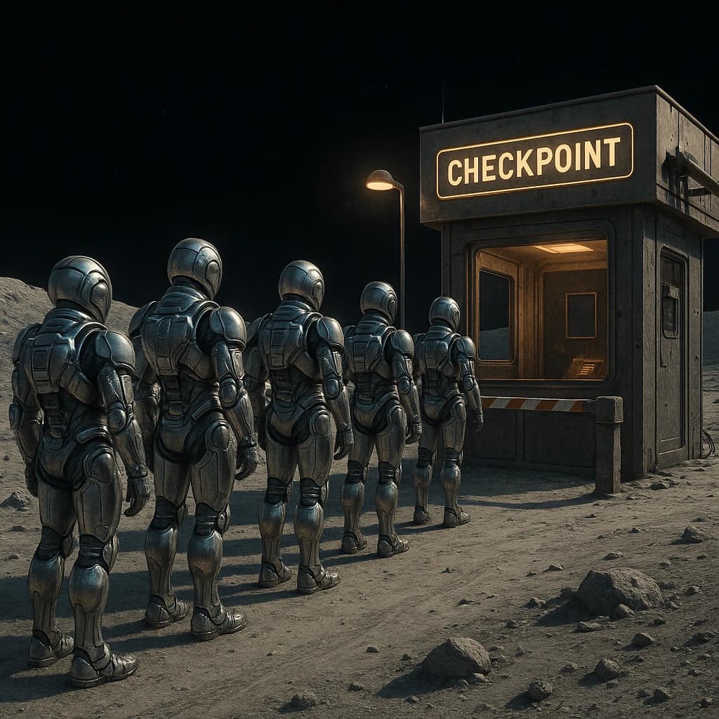 Silver exosuits queue at a dusty lunar checkpoint.
