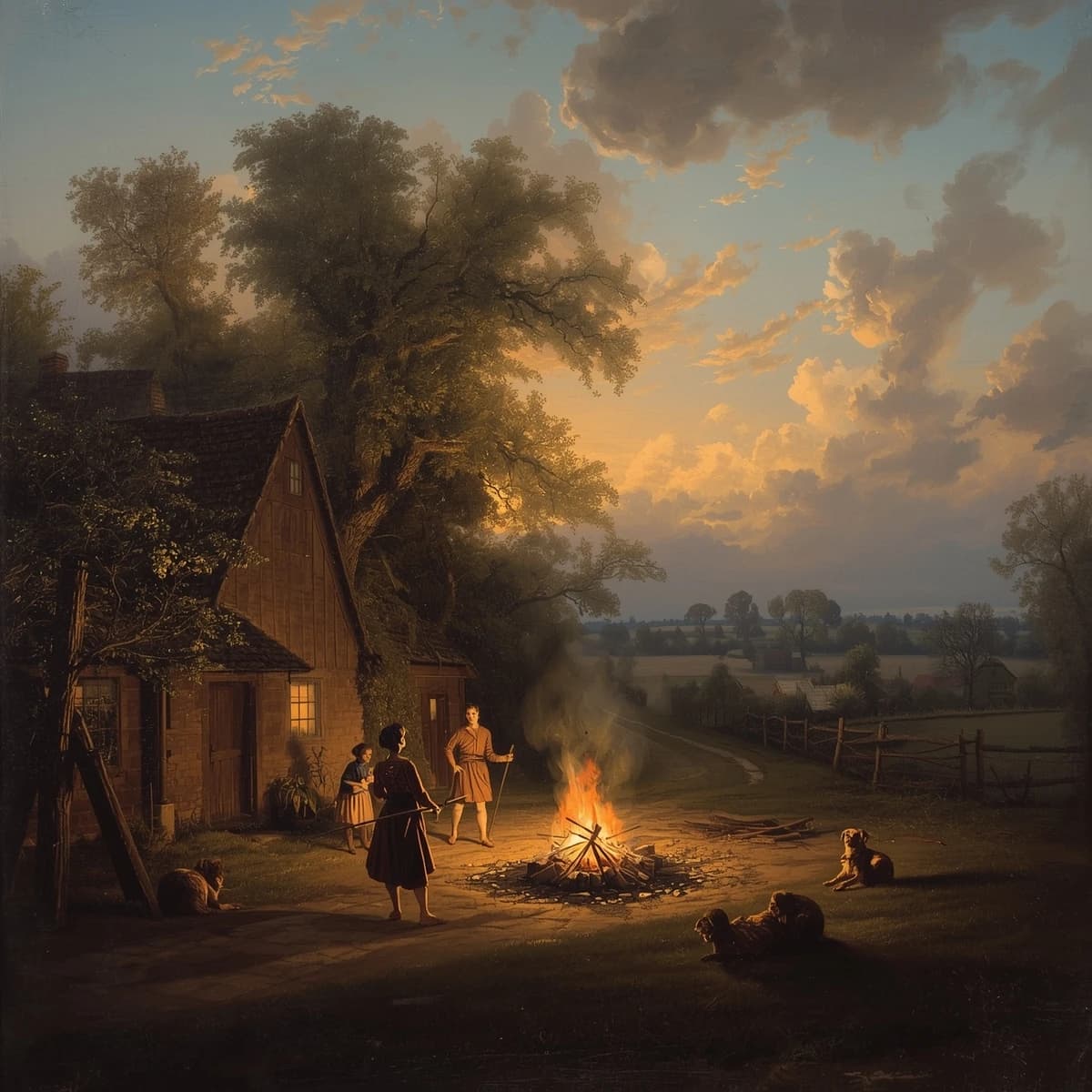 Make an oil painting of villagers dancing by a bonfire at dusk, a bit smoky.