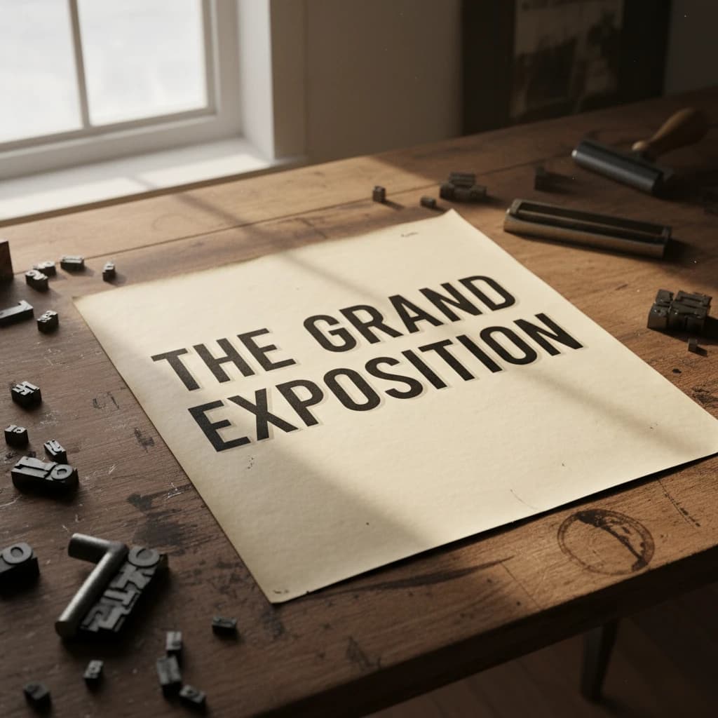 A vintage letterpress poster on a wooden desk: bold slab serif headline, tight kerning, misregistered ink, slightly worn edges, scattered metal type, soft window light.