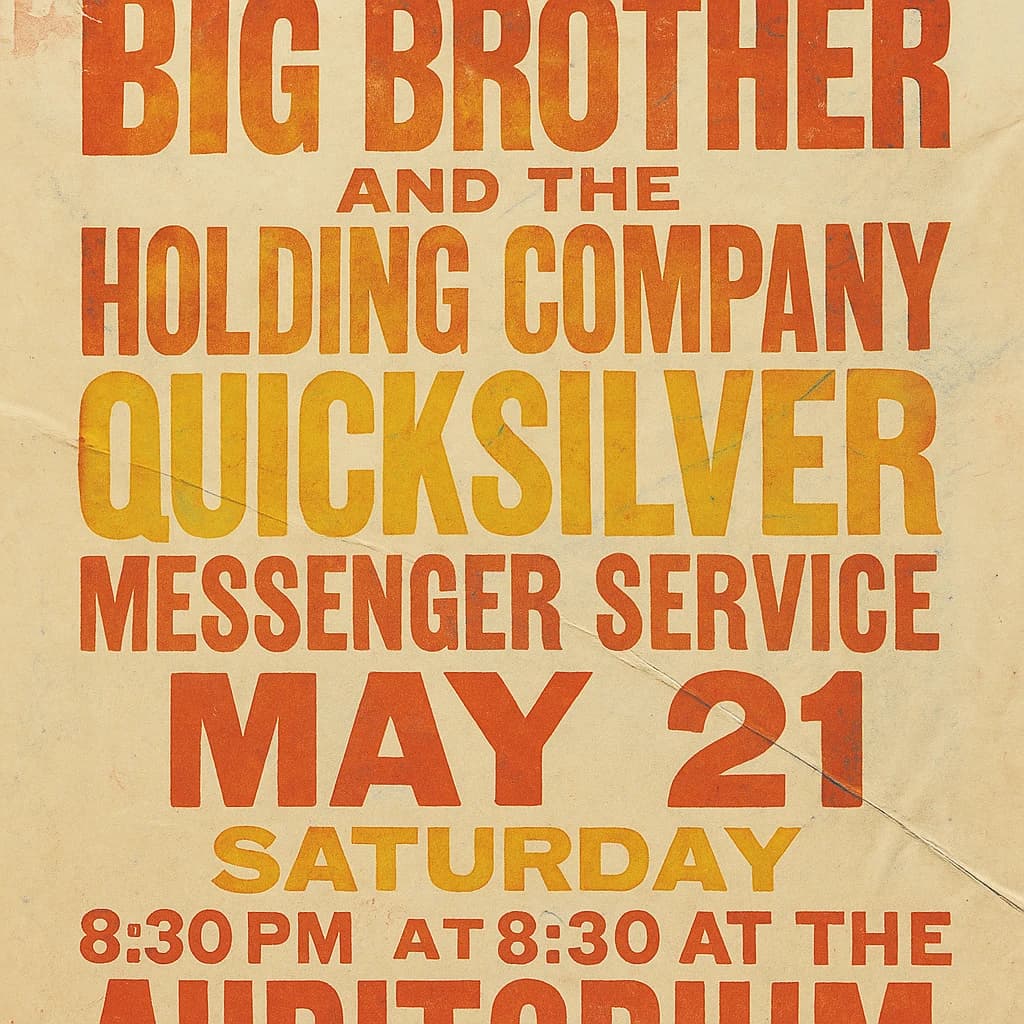 Make a 1960s concert poster featuring bold wood type, misaligned ink, creases.