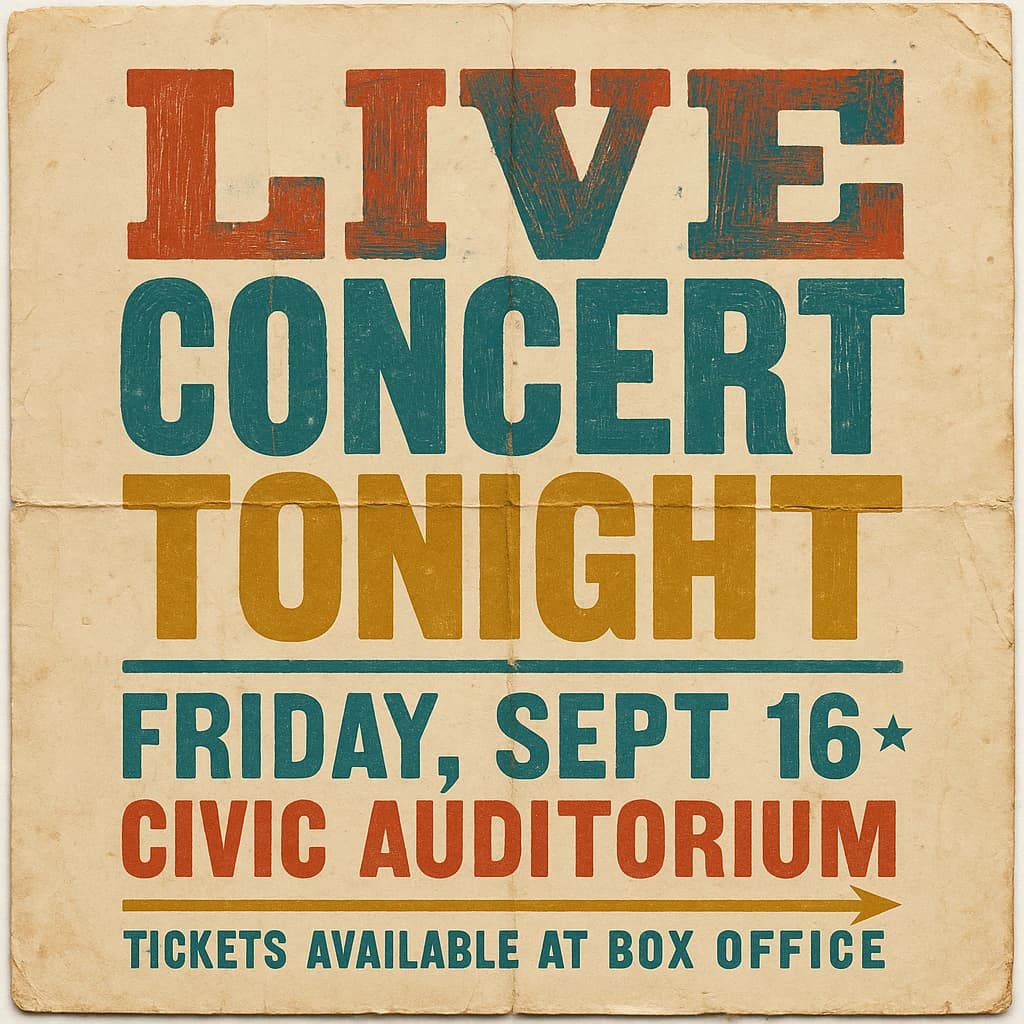 Make a 1960s concert poster featuring bold wood type, misaligned ink, creases.