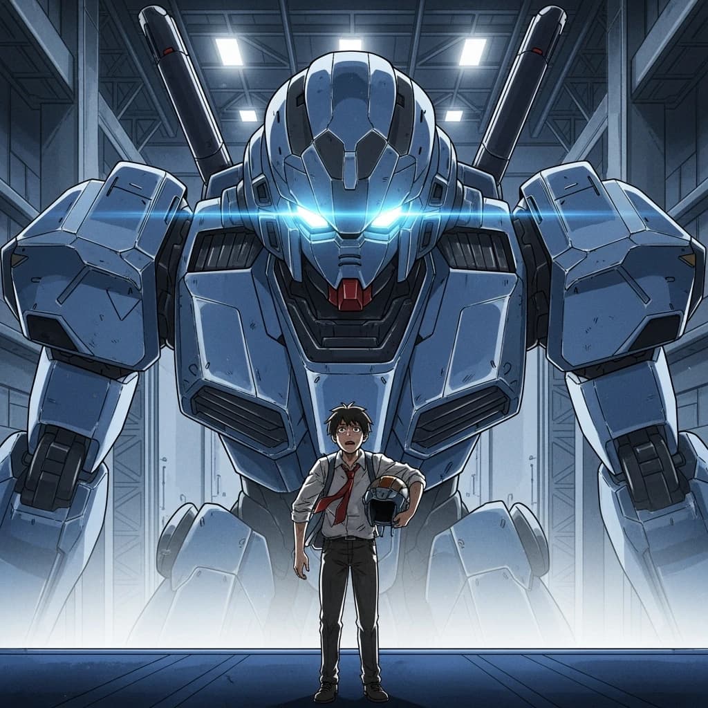 A teenage pilot grips his helmet under one arm, standing at the edge of a glowing hangar bay. Before him looms a sleek, steel-blue mech, its eyes lit with a cold electric glare. His school uniform is rumpled, a sharp contrast to the machine’s flawless plating. The vast scale engulfs him in shadow, emphasizing both awe and dread. Hand-drawn anime style.