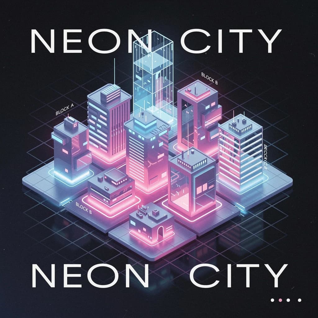Render an isometric city poster with geometric buildings, neon gradients, gloss highlights, soft AO shadows, clean sans-serif lettering, grid layout, reflections a bit overexposed.
