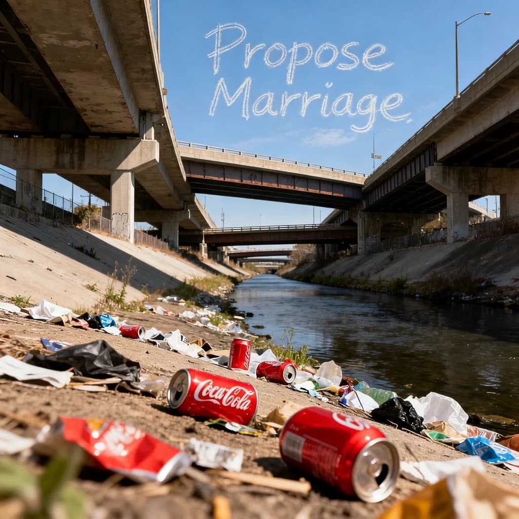 Red soda cans and other garbage sit strewn across the bank of an urban river only a few metres wide. Concrete overpasses criss cross overhead on a bright and sunny day. Fading skywriting proposes marriage
