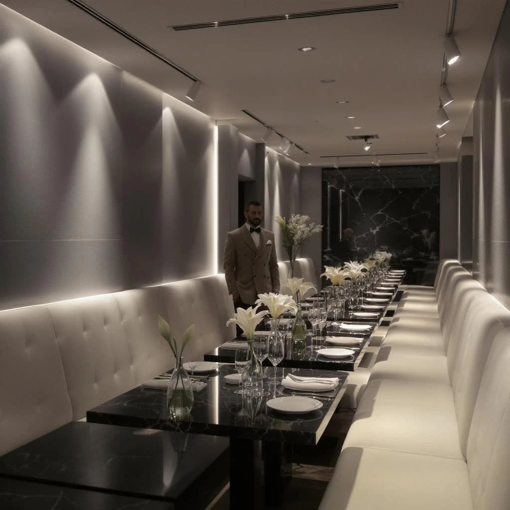 The place is almost empty. The banquettes are covered in white leather, the tables black granite, and the entire room is bathed in halogen track lighting that seems too bright. The maître d’ wears a double-breasted wool crepe jacket. There are lilies on every table.