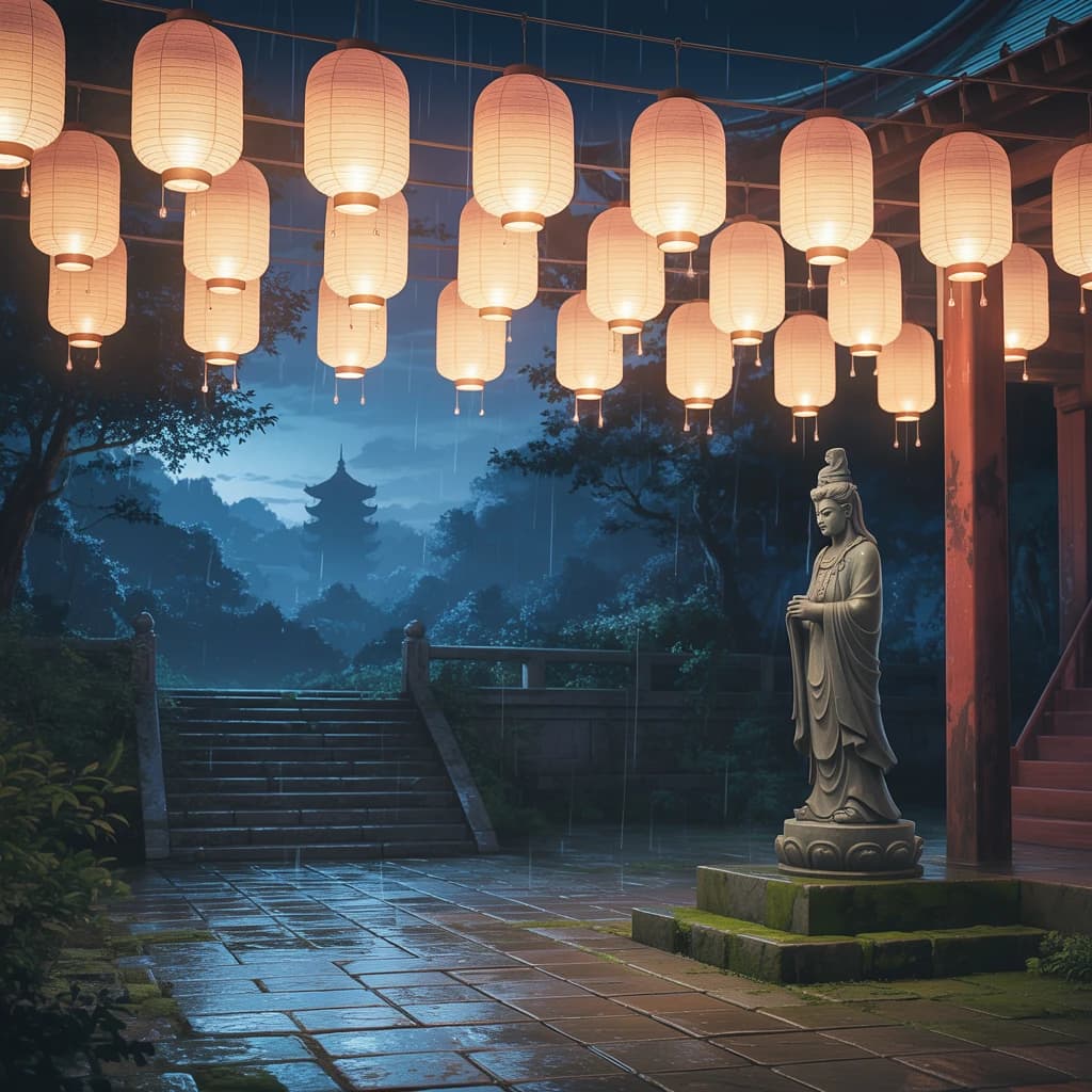 Lantern-lit shrine courtyard at night, cel-shaded, soft glow, drizzle.