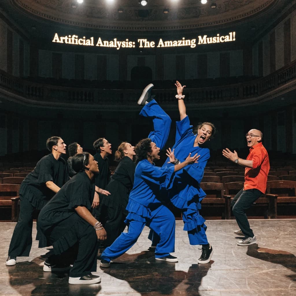 The musical troupe do a rehearsal in a large, empty theatre. 9 people are on the stage, half wear black and the others wear blue. The skinny bald director, seated in the second row, is practically leaping out of their seat with excitement as the leads nail their aerial. A giant banner reading "Artificial Analysis: The Amazing Musical!" is behind the actors.