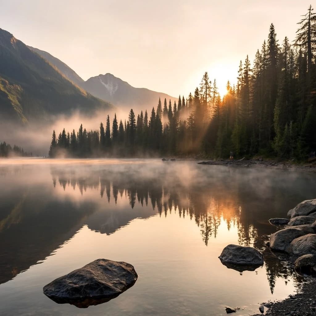 I want a photo of a misty alpine lake at dawn, pines, glassy water, warm light.