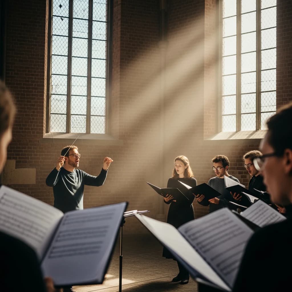 A choir rehearses in a brick hall as somewhat dramatic morning light falls through high windows, with a patient conductor mid-gesture, open scores, intent faces, slight motion blur.