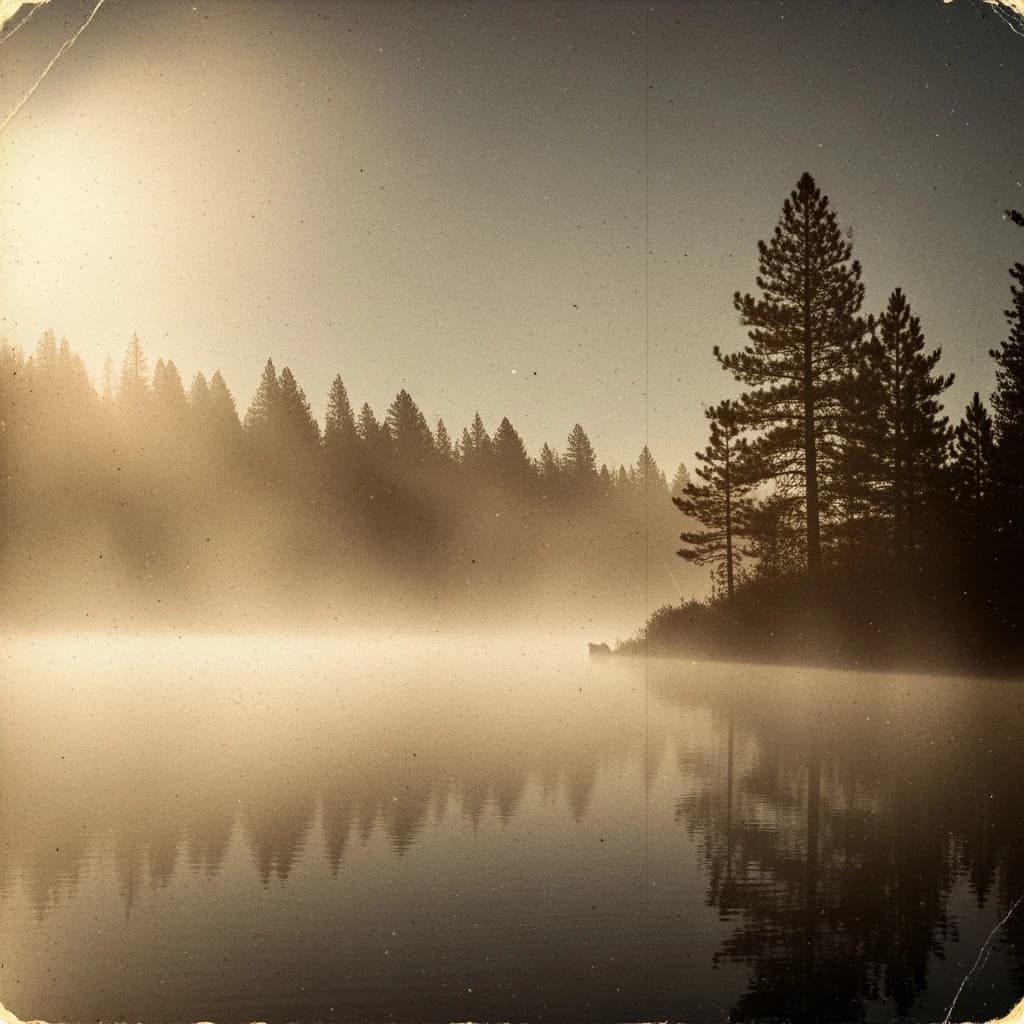 Give me a faded postcard of a misty pine lake at dawn, light leaks, film grain.