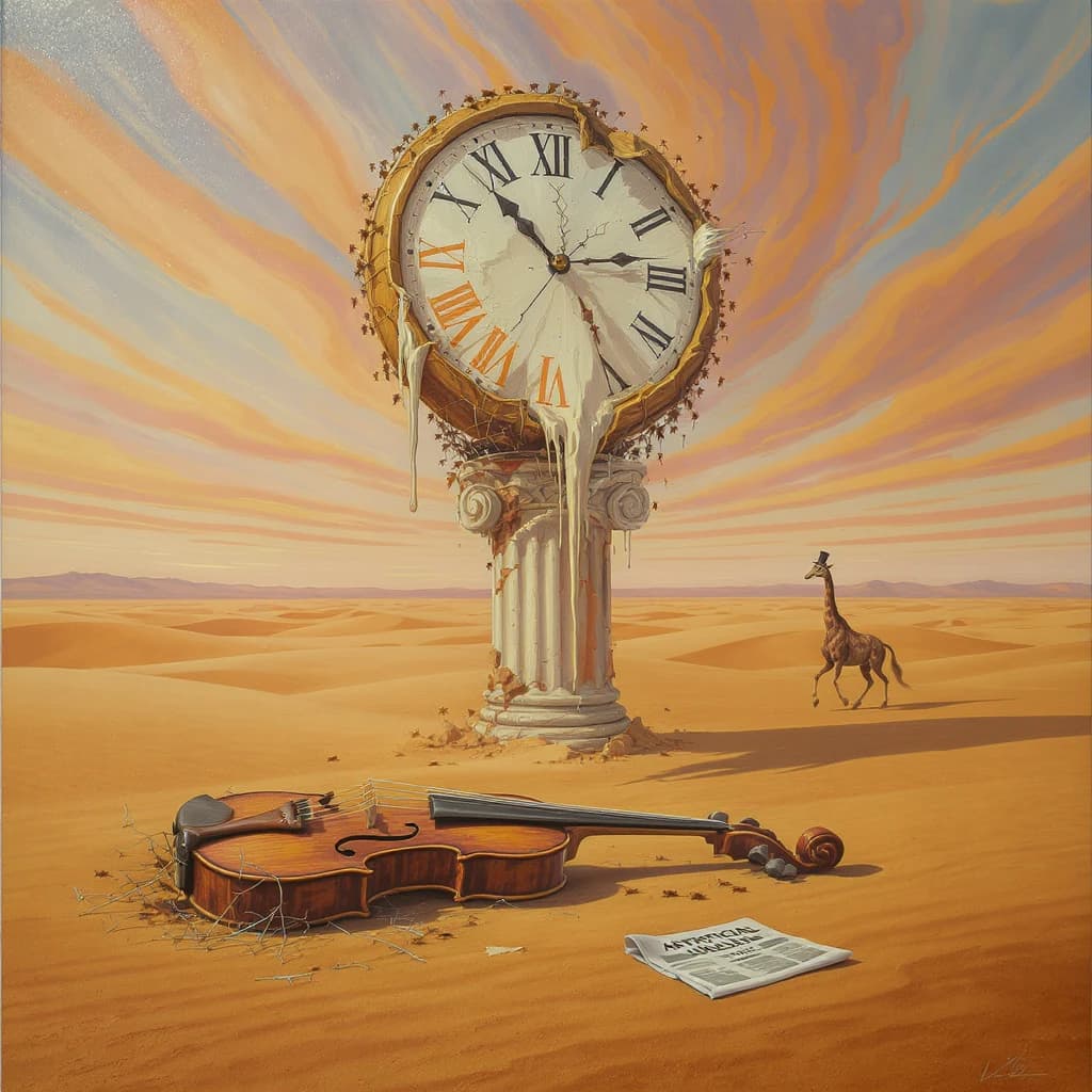 A vast desert plain stretches endlessly under a sky streaked with pale pink and ochre clouds. In the center stands a colossal clock, its face drooping and melting over the edge of a broken marble column. Ants swarm across its warped surface, glinting in the harsh sunlight. To the right, a horse with a giraffe like neck wearing a top hat strides toward the horizon, its shadow stretching miles across the sand. A cracked violin lies half-buried in the foreground, strings snapping outward like veins. Painted in the dreamlike surrealist style. A newspaper named the "Artificial Analysis Daily" lies on the Floor.