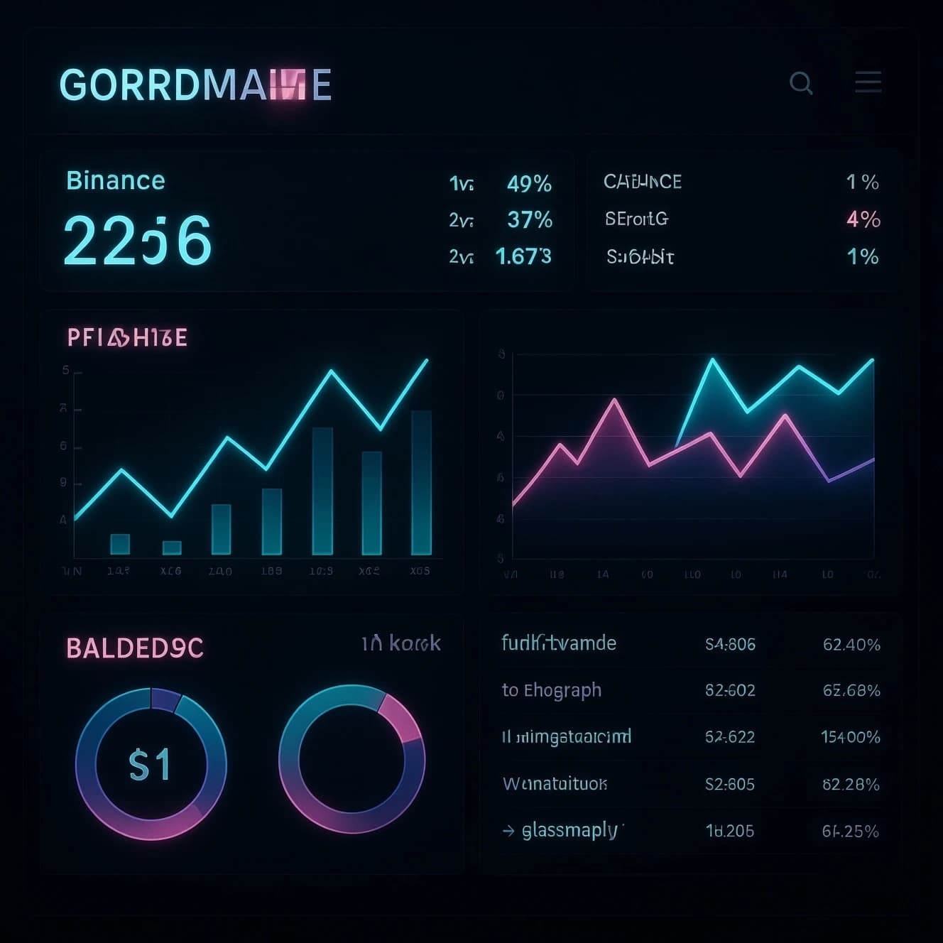 Make a dark mode finance dashboard with charts, glassmorphism, soft neon glow.