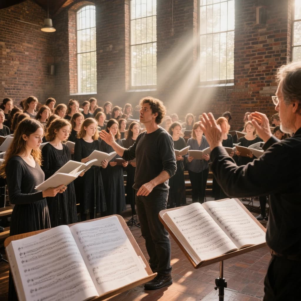 A choir rehearses in a brick hall as somewhat dramatic morning light falls through high windows, with a patient conductor mid-gesture, open scores, intent faces, slight motion blur.