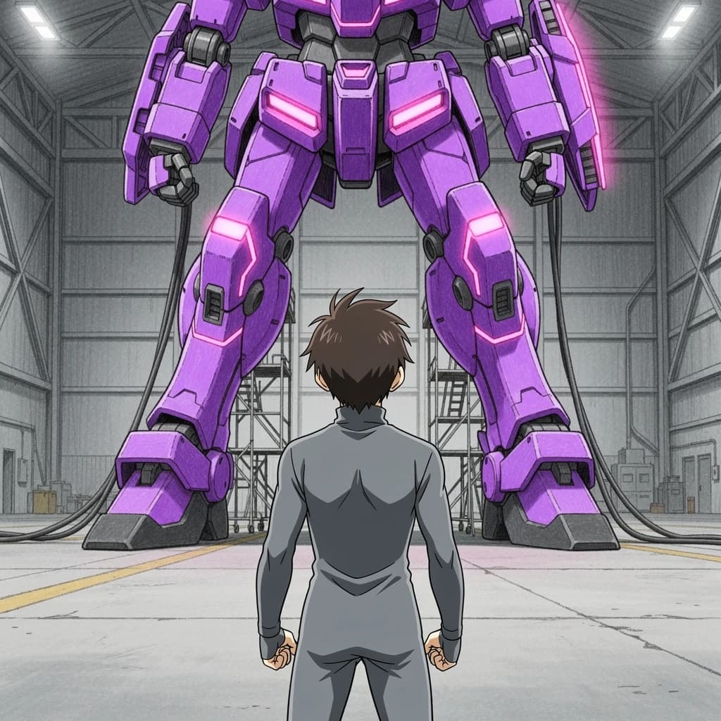 Clad in his body suit up to the neck, young Masa nervously approaches the towering mech with his back facing us. He is nervous for his first time in the field. The mech's bright purple colour scheme contrasts with the grey body suit. The scale of the mech dwarfs Masa. Hand drawn style
