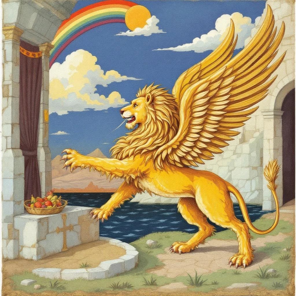 Paint an illuminated manuscript scene of a winged lion guarding a sea gate.