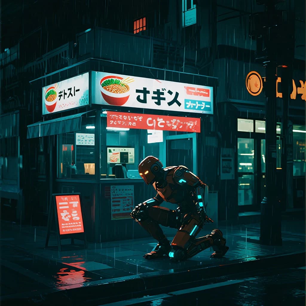 Neon rain falls as a cel-shaded mecha kneels by a ramen stall, midnight vibes.