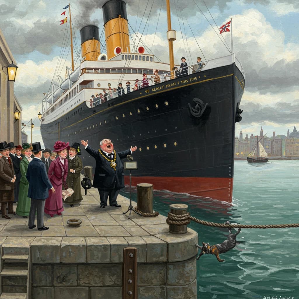 An impressionistic painting of the mighty steamer the "SS Unsinkable We Really Mean It This Time" on a cloudy but bright London morning about to set out on her maiden voyage. A jubilant crowd is gathered on the dock around the paunchy mayor who is making a speech, gesticulating wildly with his hands. The gangways are busy with well heeled ladies and gentlemen making their way onto the ship. A cheeky cat hangs over the water, clinging to the mooring rope after an ill-fated attempt to climb up. The artist has signed his name "Artificial Analysis" in the bottom corner