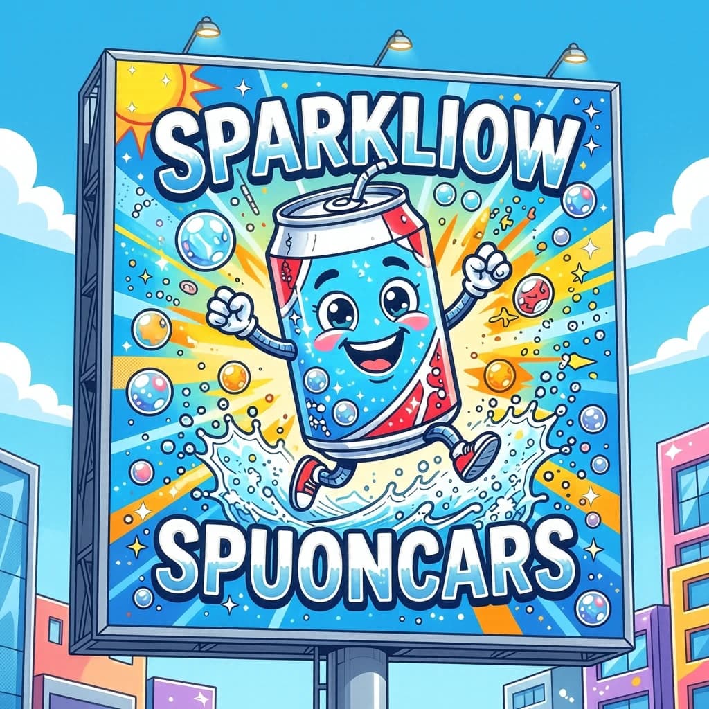 Design a bright soda billboard ad with a bubbly can mascot, thick inky lines.