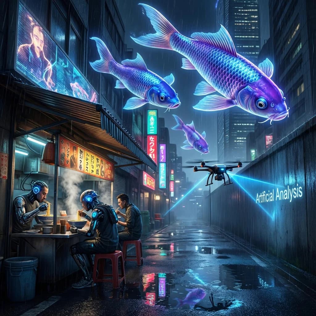 A neon alley in Neo-Tokyo 2142 drips with rain Cybernetic patrons slurp ramen at a stall with their glowing implants humming with blue light. Three giant holographic koi hover 10 metres above the ground and swim across the skyline, one has clipped into a building. A six-prop drone hovers nearby, projecting "Artificial Analysis" onto a wall with blue laser beams visible
