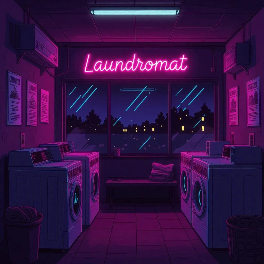 A cozy laundromat at dusk, neon humming, flat colors, bold inked lines.