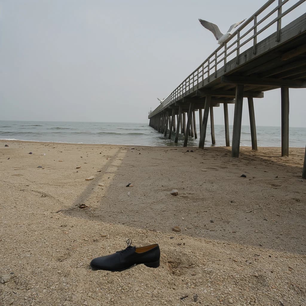 The beach is flat, sand beige, granular, no shells, except for a single left shoe, black leather, size eleven, half buried at an angle. The pier extends straight into the water, wood untreated, grain visible, though the support posts vanish before they touch the surface. The sky is uniformly gray, no clouds, yet shadows stretch at sharp diagonals. A single gull sits on the railing, wings outstretched, frozen mid-flap, no movement.