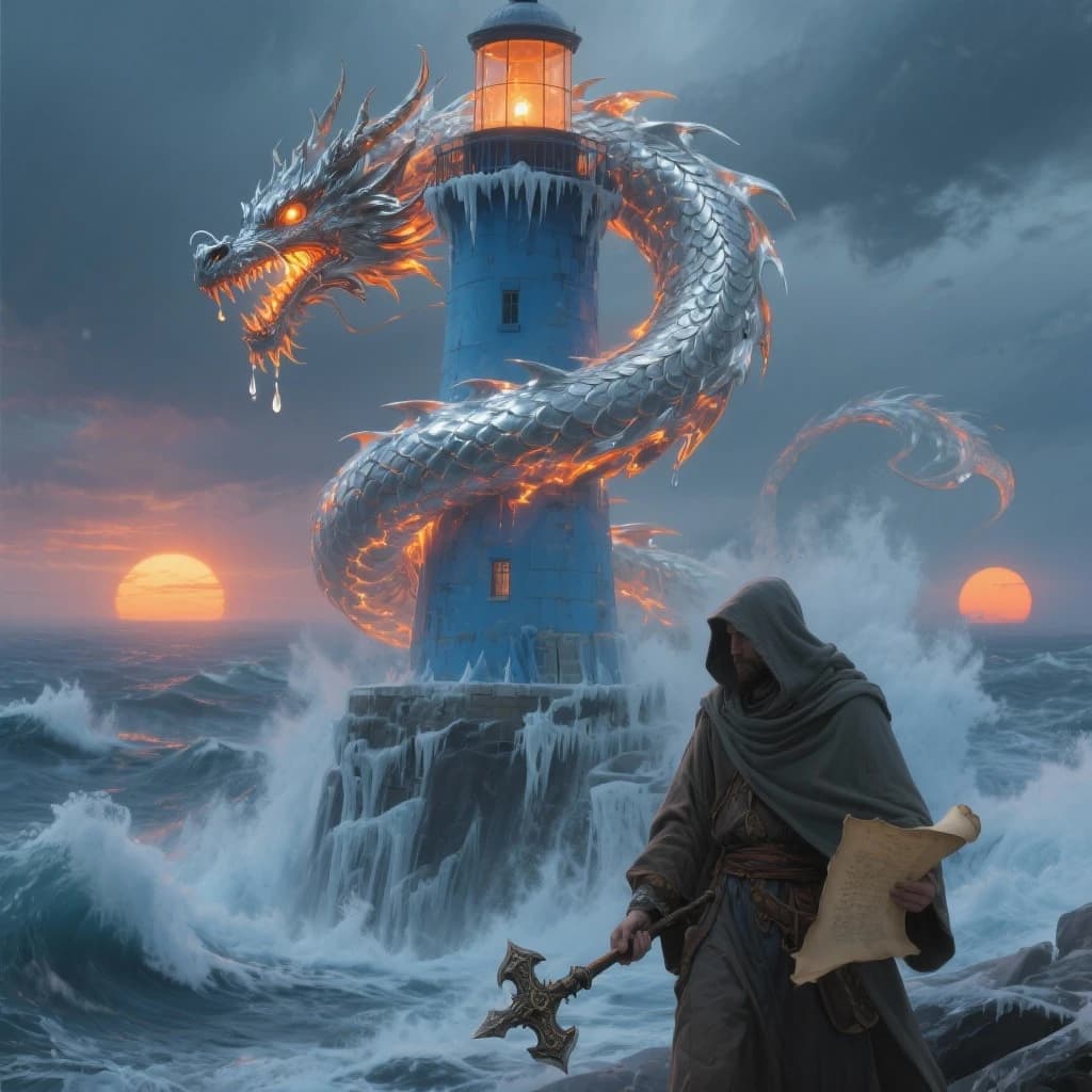 A dragon of molten silver coils around a lighthouse. The storming sea below crashes upward in frozen stillness, as though caught mid-motion. The dragon’s molten eyes drip tears of ice. On the horizon, two suns set next to each other, casting orange light on one side of the tower and blue on the other. A cloaked traveler carries an ancient weapon in his left hand and a scroll in his right.