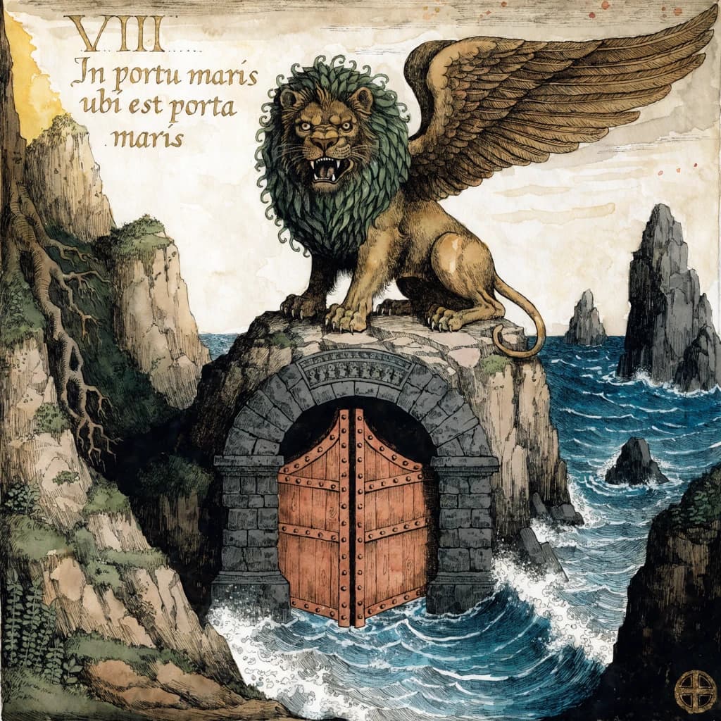 Paint an illuminated manuscript scene of a winged lion guarding a sea gate.
