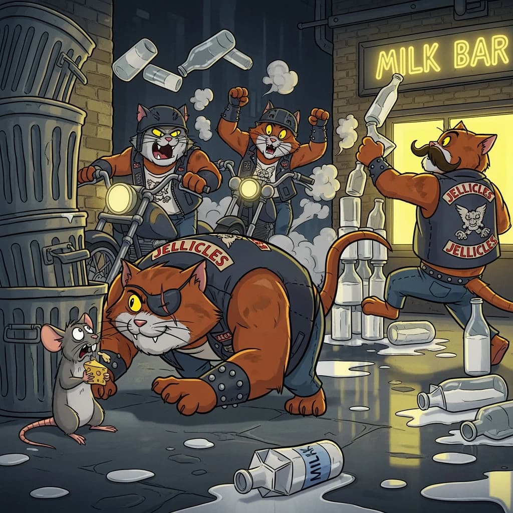 The cartoon rat clenches his thin wedge of cheese and trembles in fear as he hides from the menacing Jellicles, the roaming cat motorcycle gang, all wearing their colors with the name on the back. The cats have all drunk far too much milk and are causing a big ruckus! One cat is close to finding the rat