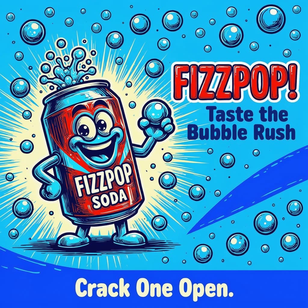Design a bright soda billboard ad with a bubbly can mascot, thick inky lines.
