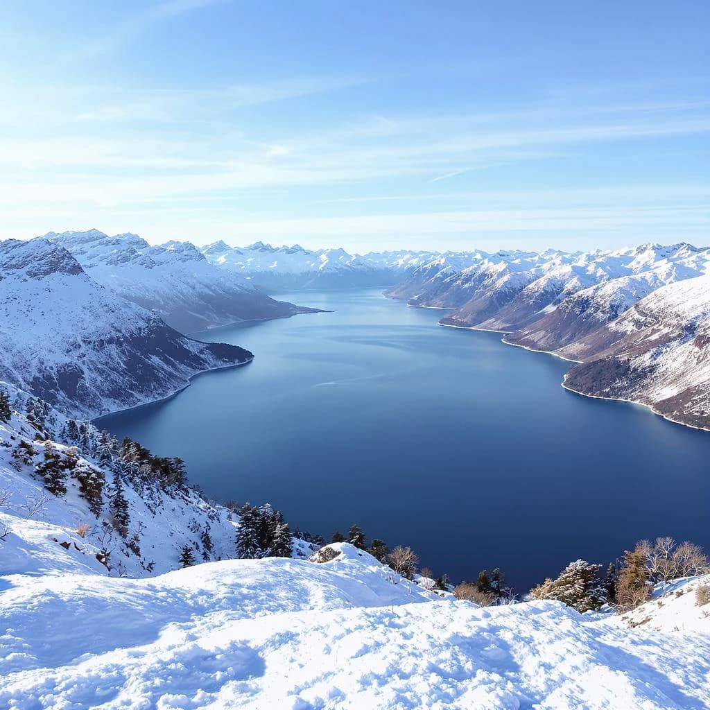 Queenstown's Lake Wakatipu, viewed from the top of Queenstown Hill after a snowstorm just dusted the top of Cecil's Peak