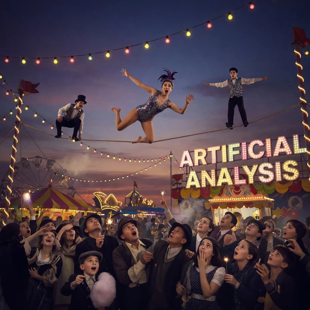 At dusk, high above a carnival crowd, three tightrope walkers balance on a single rope with no aids, one is off balance and grabbing at air. Below, the audience looks upward with baited anticipation. Artificial Analysis is spelled out in the background in carnival lights