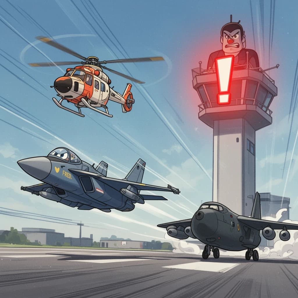 Almost at the runway, Fred the Fighter Jet is racing with Barry the Bomber to see who lands first. Fred has a mischievous trick up his sleeve but Hermione the Helicopter is going to stop him before he gets the chance. The control tower is very angry and has a big exclamation mark. Hand drawn cel look