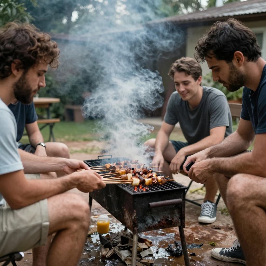 Friends grill skewers on a slightly messy patio.