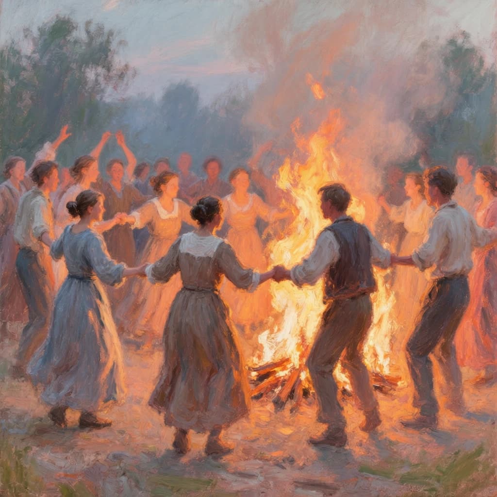 Make an oil painting of villagers dancing by a bonfire at dusk, a bit smoky.
