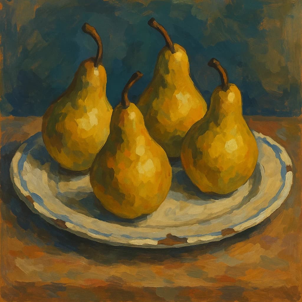 A gouache still life of pears on a chipped plate.