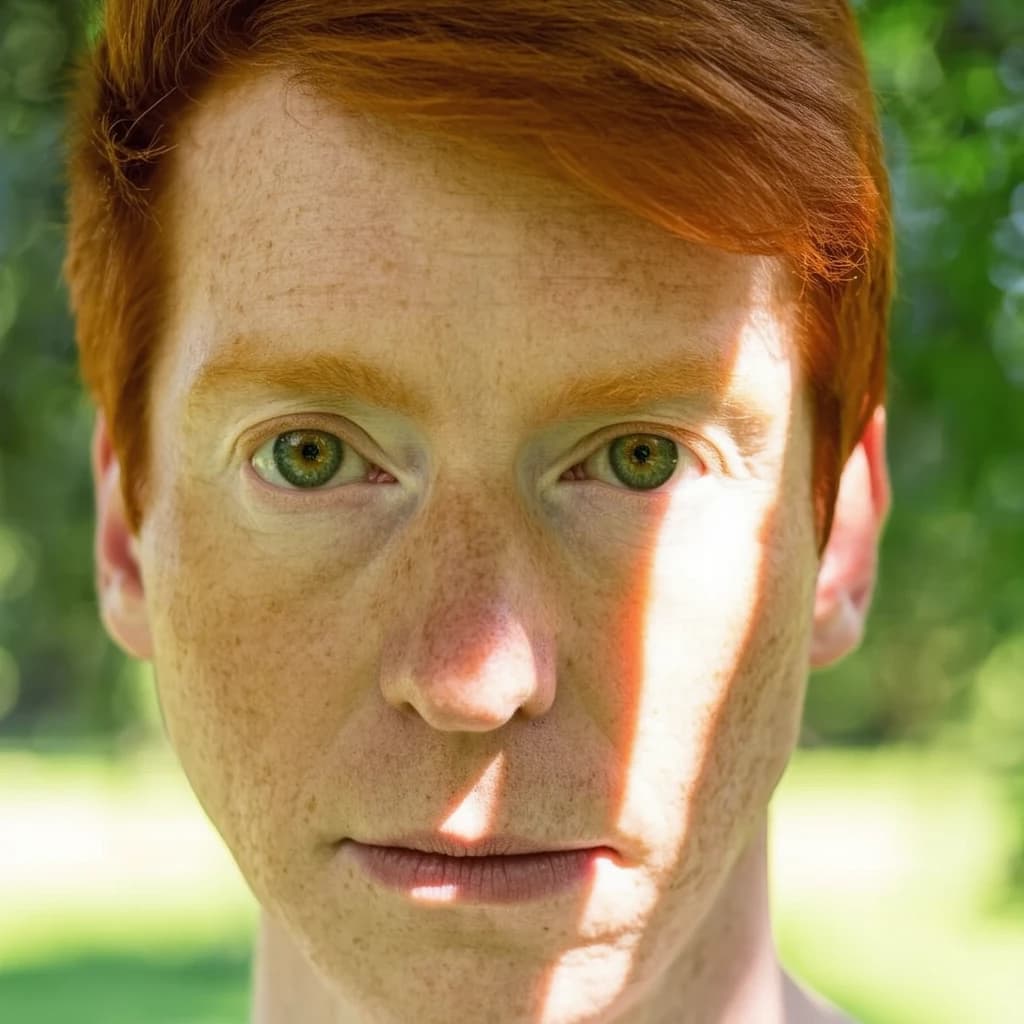 Shoot a natural light headshot of a red-haired man with freckles, green eyes.