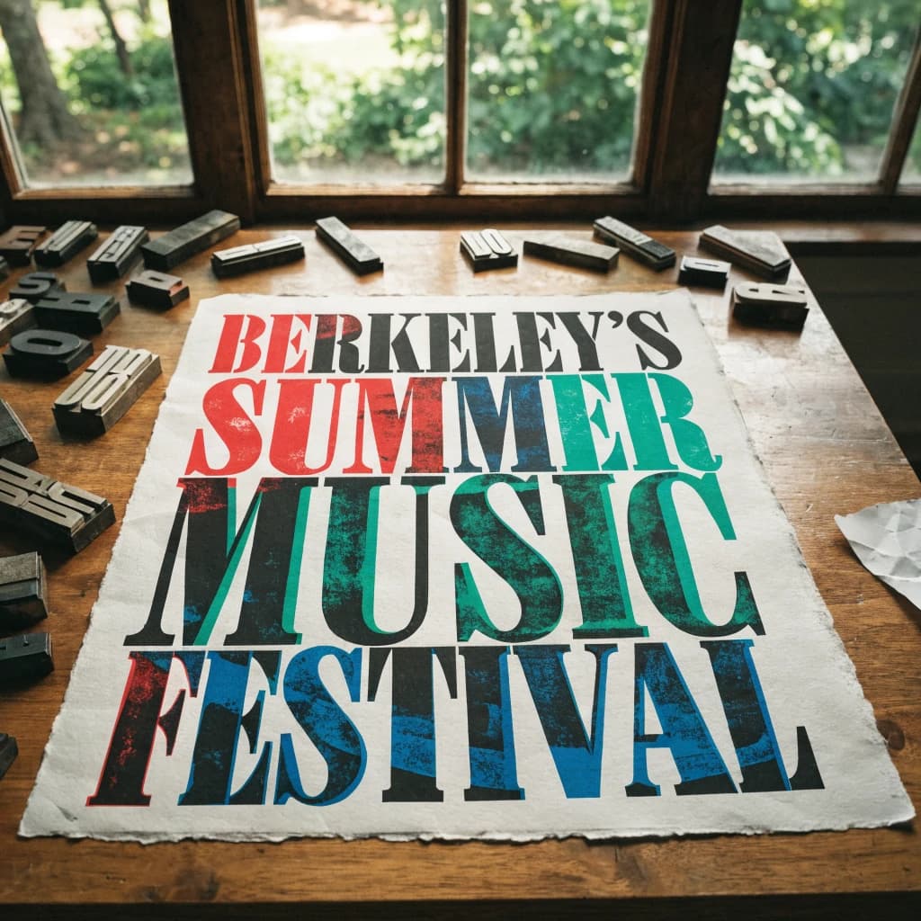 A vintage letterpress poster on a wooden desk: bold slab serif headline, tight kerning, misregistered ink, slightly worn edges, scattered metal type, soft window light.