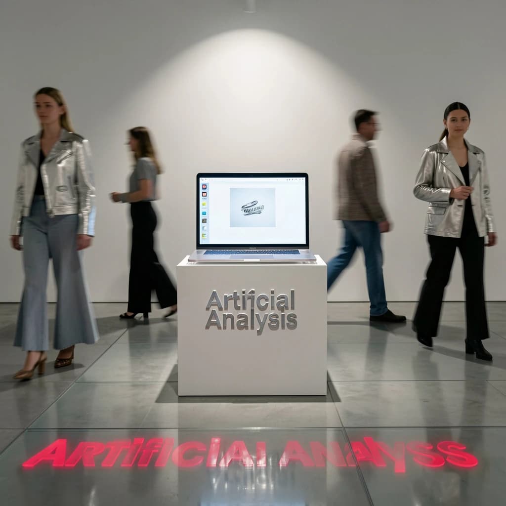 In a spotless gallery space, a pedestal supports a transparent laptop whose screen flickers between static and pristine brand imagery. Shoppers blur past in designer clothes that appear slightly outdated - bell bottoms, metallic jackets. The embossed logo “Artificial Analysis” glints silver, yet its reflection in the glass floor reads in crimson letters. A single spotlight shines, though shadows fall in two directions.