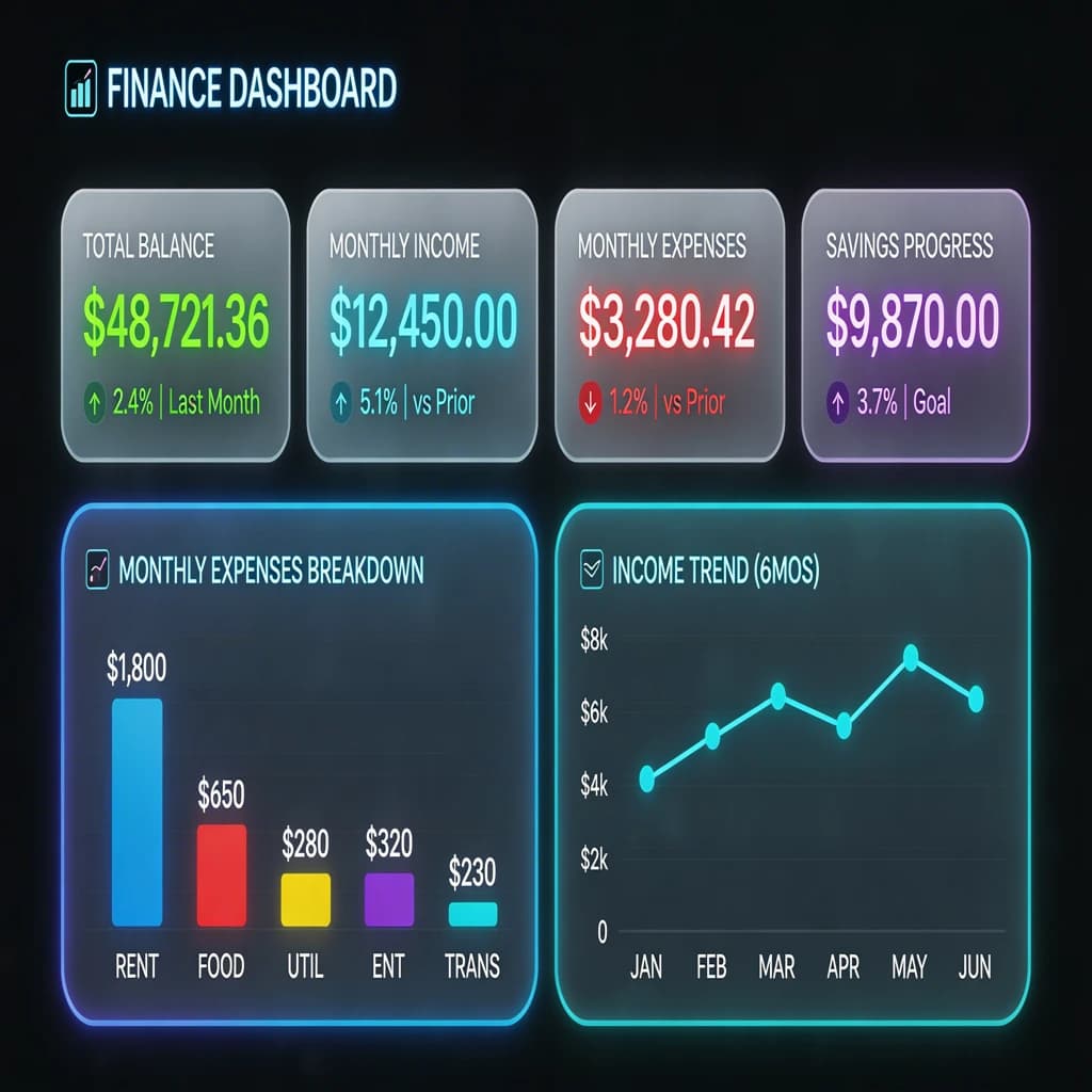 Make a dark mode finance dashboard with charts, glassmorphism, soft neon glow.