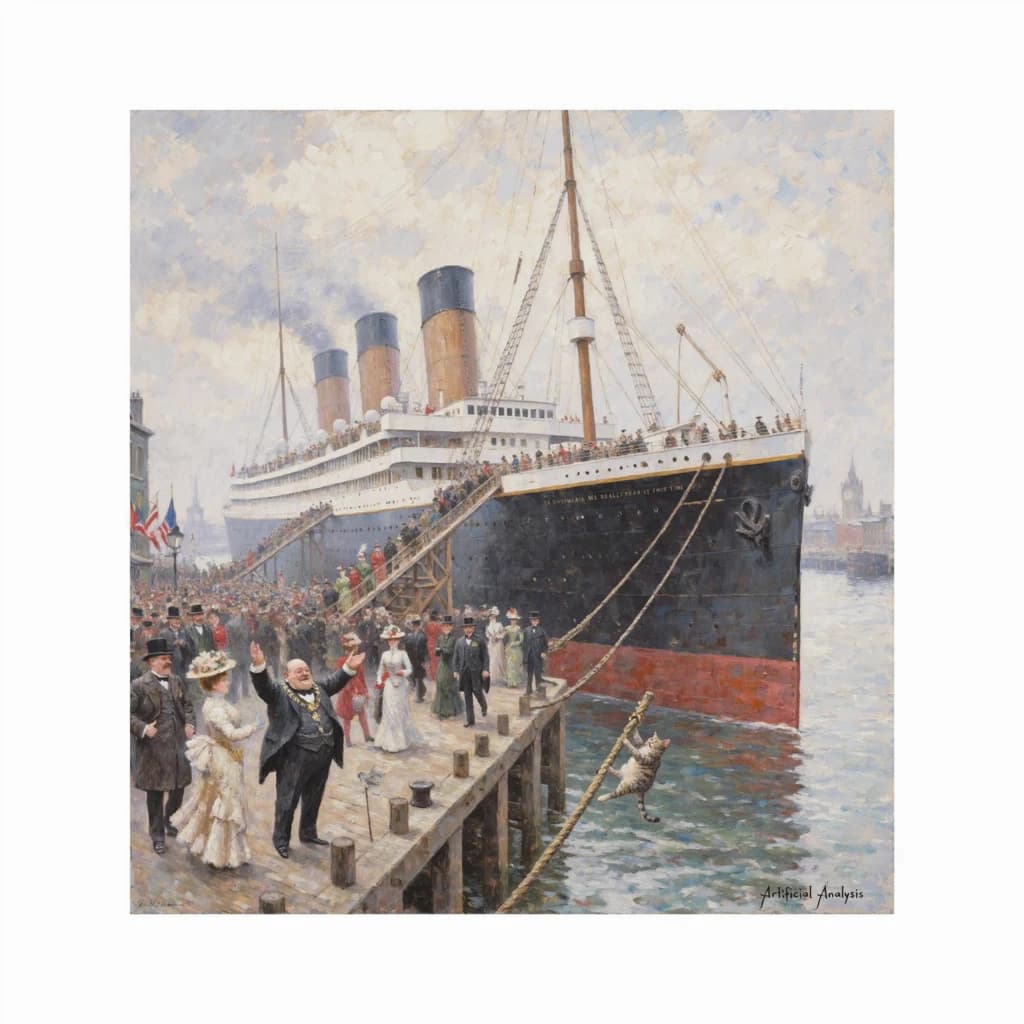 An impressionistic painting of the mighty steamer the "SS Unsinkable We Really Mean It This Time" on a cloudy but bright London morning about to set out on her maiden voyage. A jubilant crowd is gathered on the dock around the paunchy mayor who is making a speech, gesticulating wildly with his hands. The gangways are busy with well heeled ladies and gentlemen making their way onto the ship. A cheeky cat hangs over the water, clinging to the mooring rope after an ill-fated attempt to climb up. The artist has signed his name "Artificial Analysis" in the bottom corner