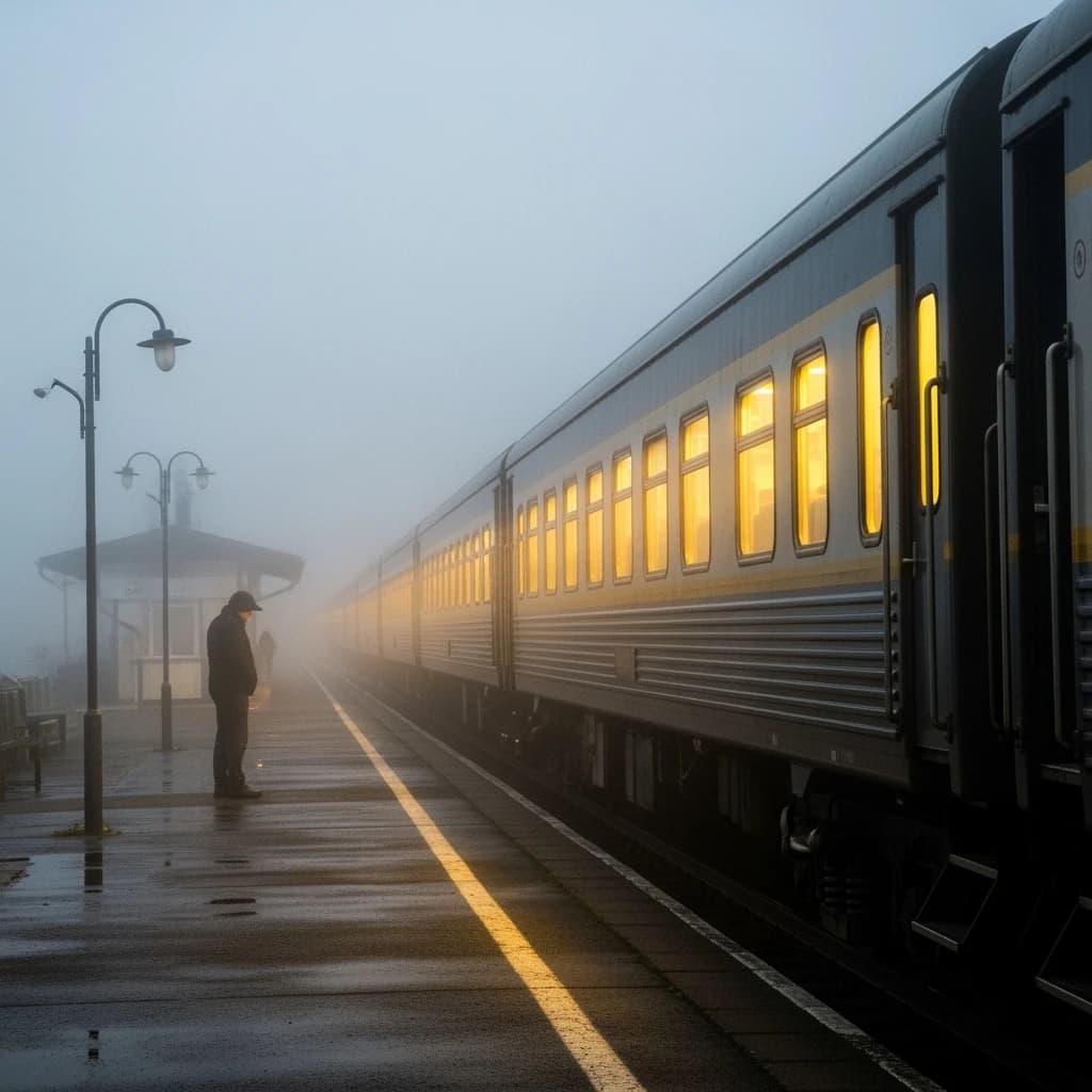 A commuter train enters a foggy little station.