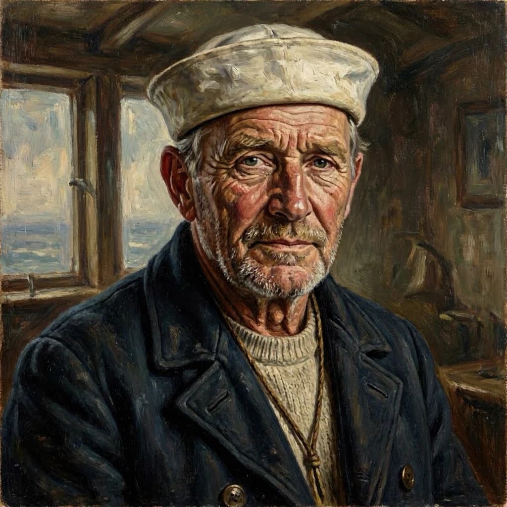 Oil on canvas portrait of an elderly sailor, weathered face, soft light.