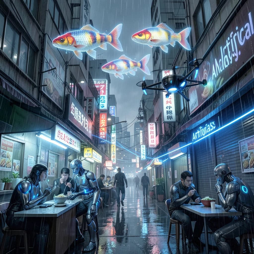 A neon alley in Neo-Tokyo 2142 drips with rain Cybernetic patrons slurp ramen at a stall with their glowing implants humming with blue light. Three giant holographic koi hover 10 metres above the ground and swim across the skyline, one has clipped into a building. A six-prop drone hovers nearby, projecting "Artificial Analysis" onto a wall with blue laser beams visible