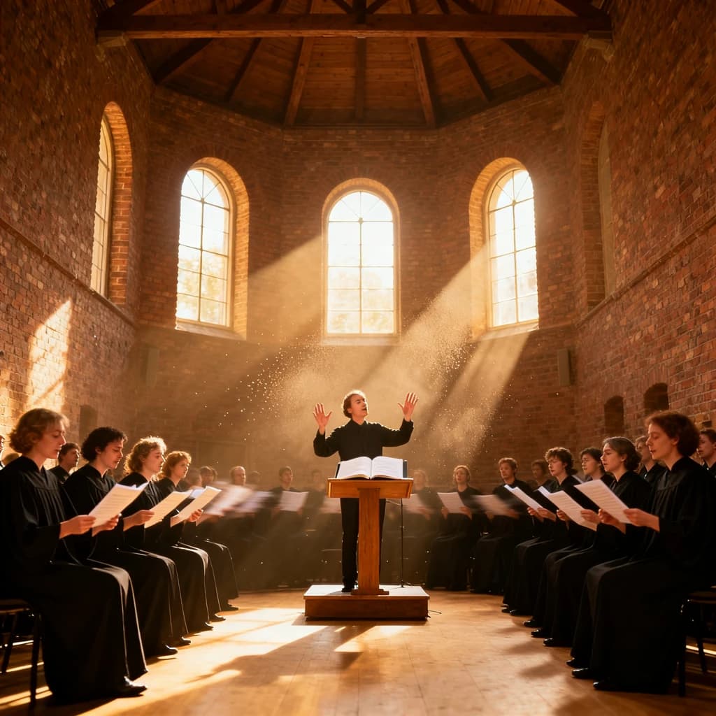 A choir rehearses in a brick hall as somewhat dramatic morning light falls through high windows, with a patient conductor mid-gesture, open scores, intent faces, slight motion blur.