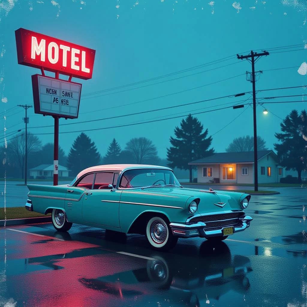 Show an old roadside motel under neon at midnight, rain on asphalt, a teal classic coupe parked; a bit of film grain, slightly faded pastels, halftone print, paper texture.