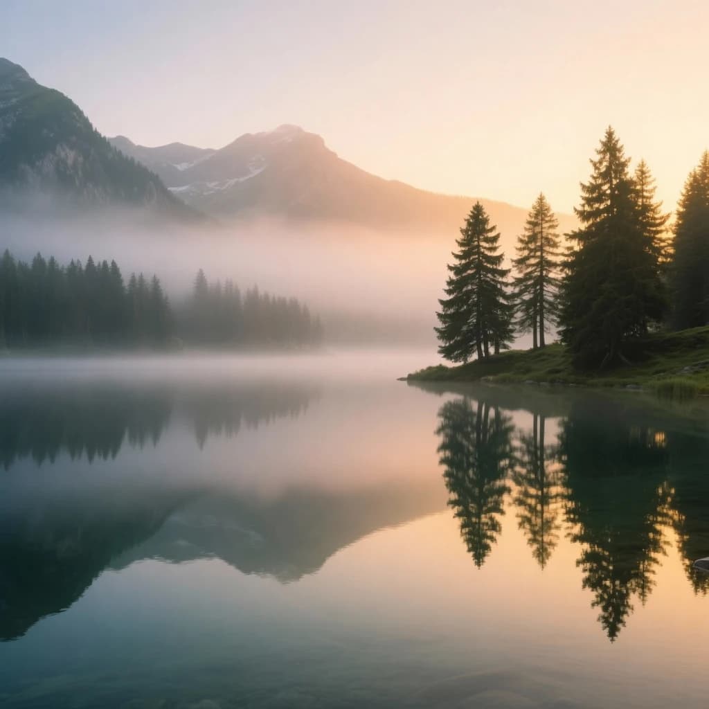 I want a photo of a misty alpine lake at dawn, pines, glassy water, warm light.