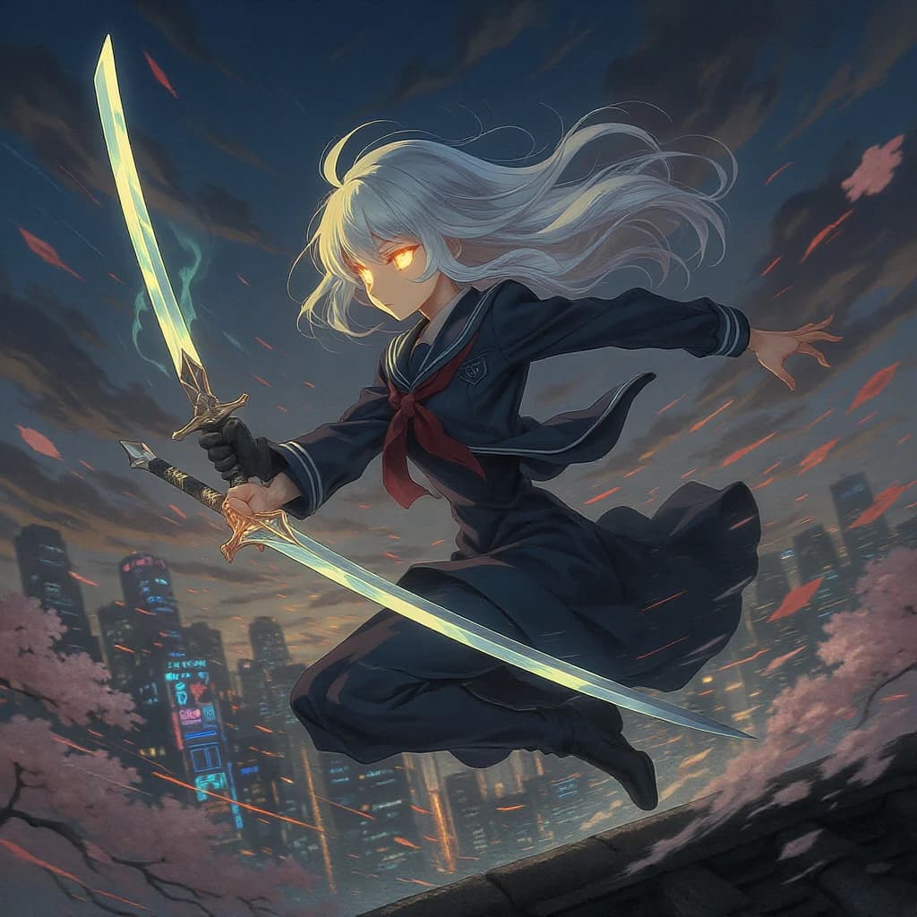 Wind-swept rooftop at dusk, a silver-haired swordswoman in a navy school uniform leaps, luminous eyes, cel shading, cherry blossoms swirl, neon city, dynamic angle, speed lines.