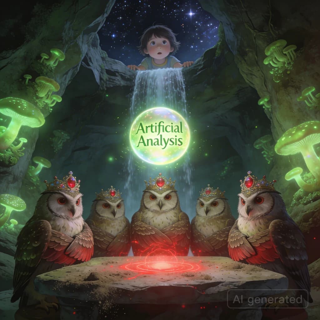 In a cavern lined with bioluminescent fungi glowing lime green, the council of owls wear jeweled crowns that glimmer with rubies, their wings folded behind their backs. Dust coats the stone table, a glowing orb inscribed with “Artificial Analysis” hovers above the table illuminating the owls with its red pulsating light. Behind them, a waterfall falls upward into a ceiling that opens onto stars - a child looks down in wonder from above at what he has stumbled across.