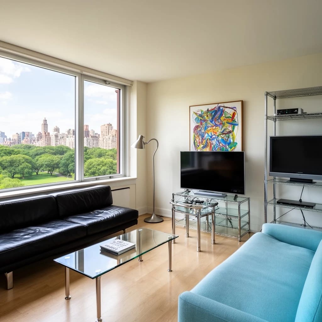 My apartment overlooks Central Park. It’s very luxurious, very expensive, and the furniture is minimal — a black leather couch, a glass coffee table with chrome legs, an Arne Jacobsen floor lamp. A big-screen television set rests on a steel shelving unit. A David Onica painting hangs above the couch. There’s a stainless steel and glass cocktail table. A powder-blue sofa. A thirty-inch digital TV.